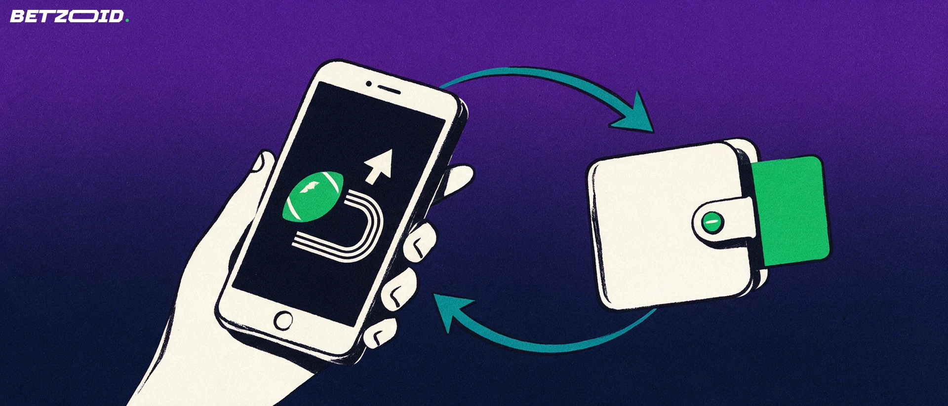 Illustration of a hand holding a phone with sport symbols linked by arrows to a wallet and card