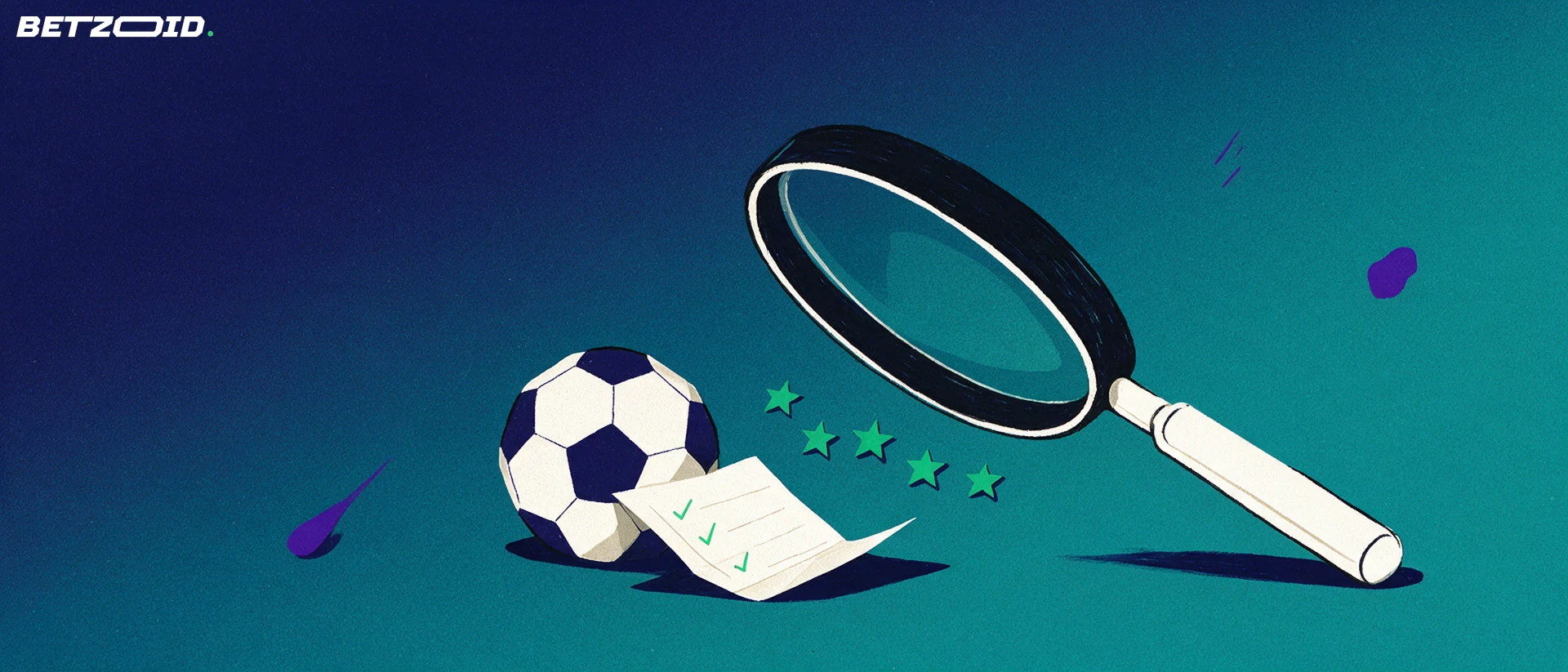 Ilustración de una gran lupa que examina un balón de fútbol y un cupón de apuestas con marcas de verificación y cinco estrellas.