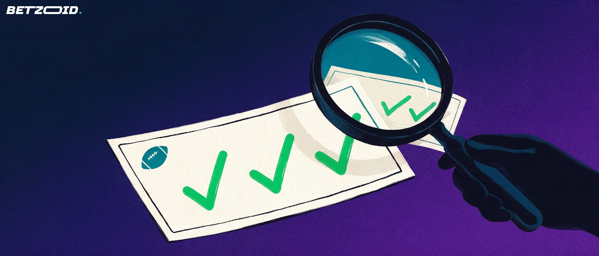 Illustration of a magnifying glass enlarging tick marks and a football symbol on a large betting slip
