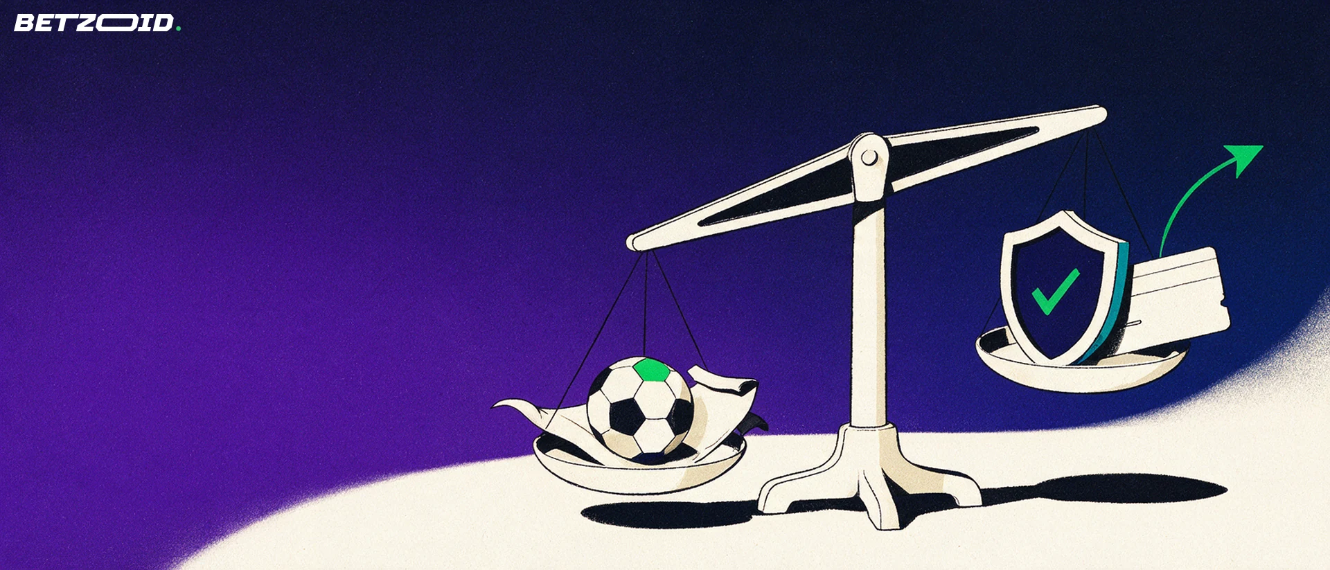 Illustration of a balance scale weighing a football on a betting slip against a shield with a tick and a bank card