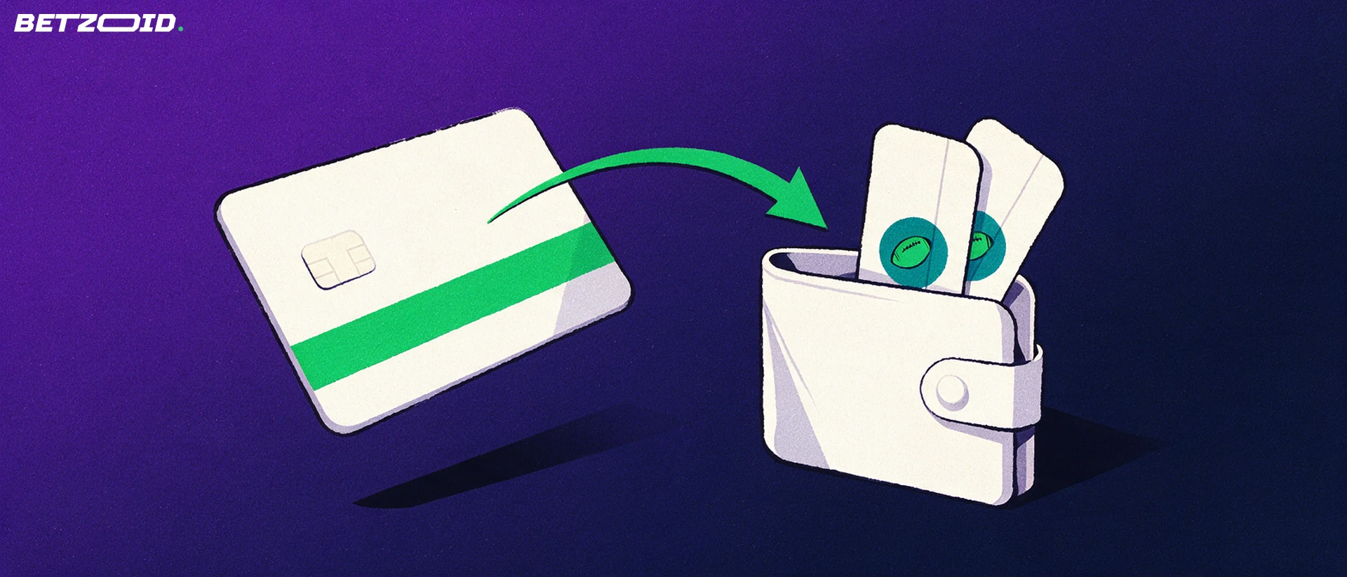 Ilustración de una tarjeta de pago sin marca con una flecha verde que conduce a una cartera con boletos de apuestas deportivas.