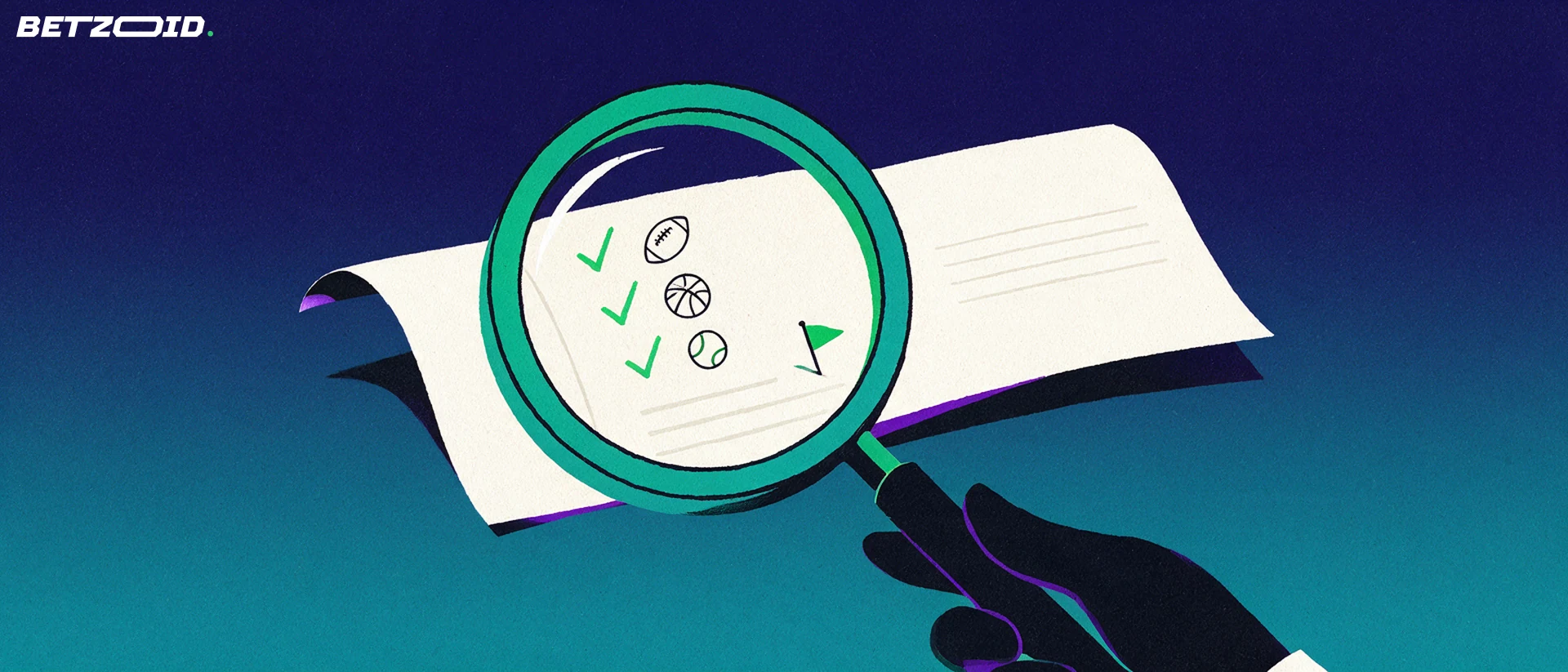 Ilustración de una lupa grande sobre un boletín de apuestas con marcas de verificación e iconos de fútbol, baloncesto y tenis.