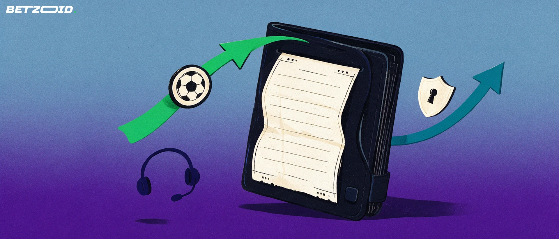 Ilustración de una cartera en forma de boletín de apuestas con flechas de entrada y salida, una ficha con un balón, un escudo con cerradura y unos auriculares de atención.