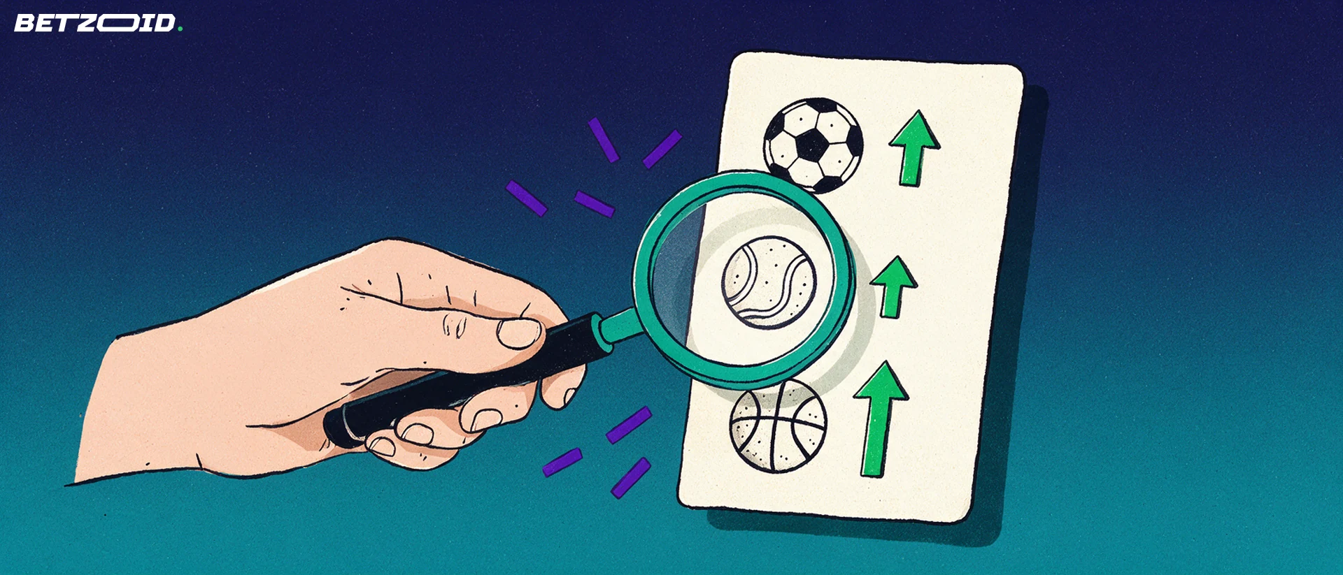 Ilustración de un cupón de apuestas deportivas con símbolos de fútbol, tenis y baloncesto junto a flechas ascendentes, revisado con una lupa.
