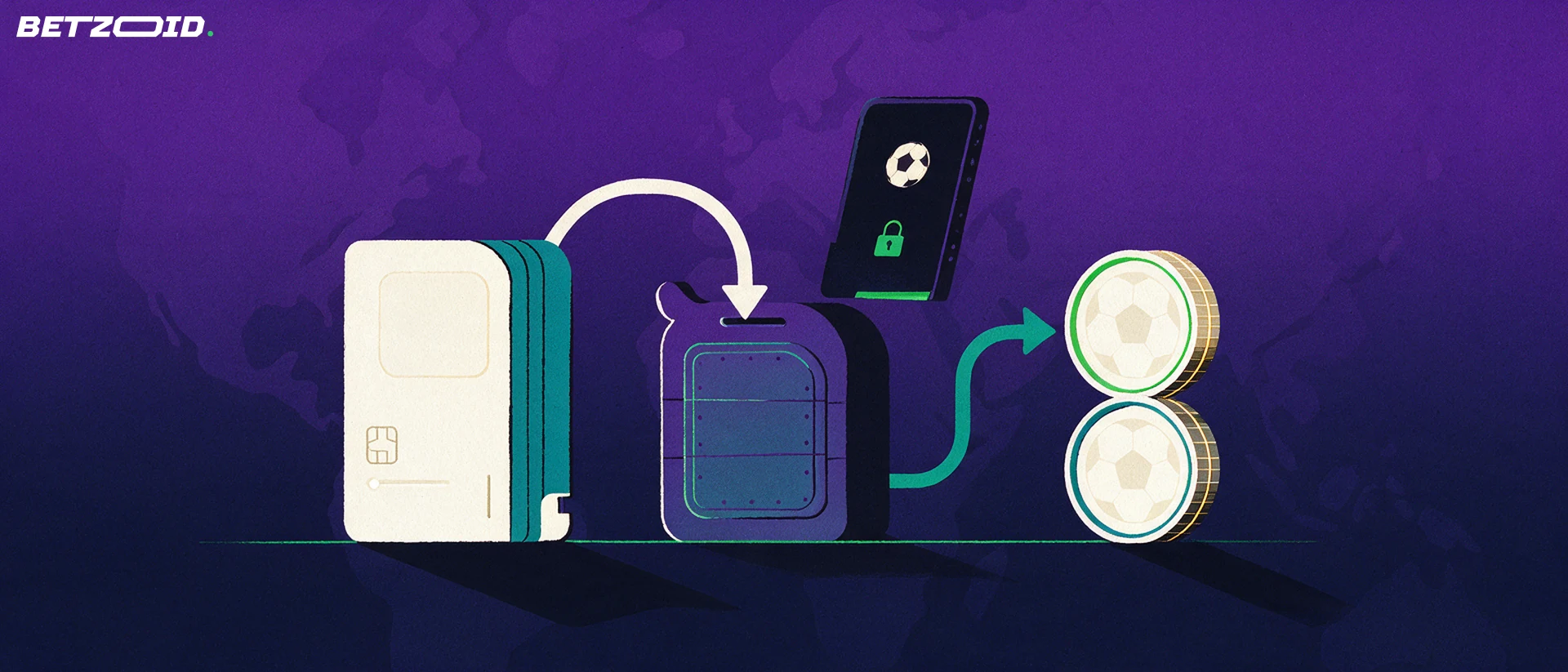 Illustration of a payment card, a vault-like deposit box and coins linked by arrows, with a phone showing a football symbol and a padlock.