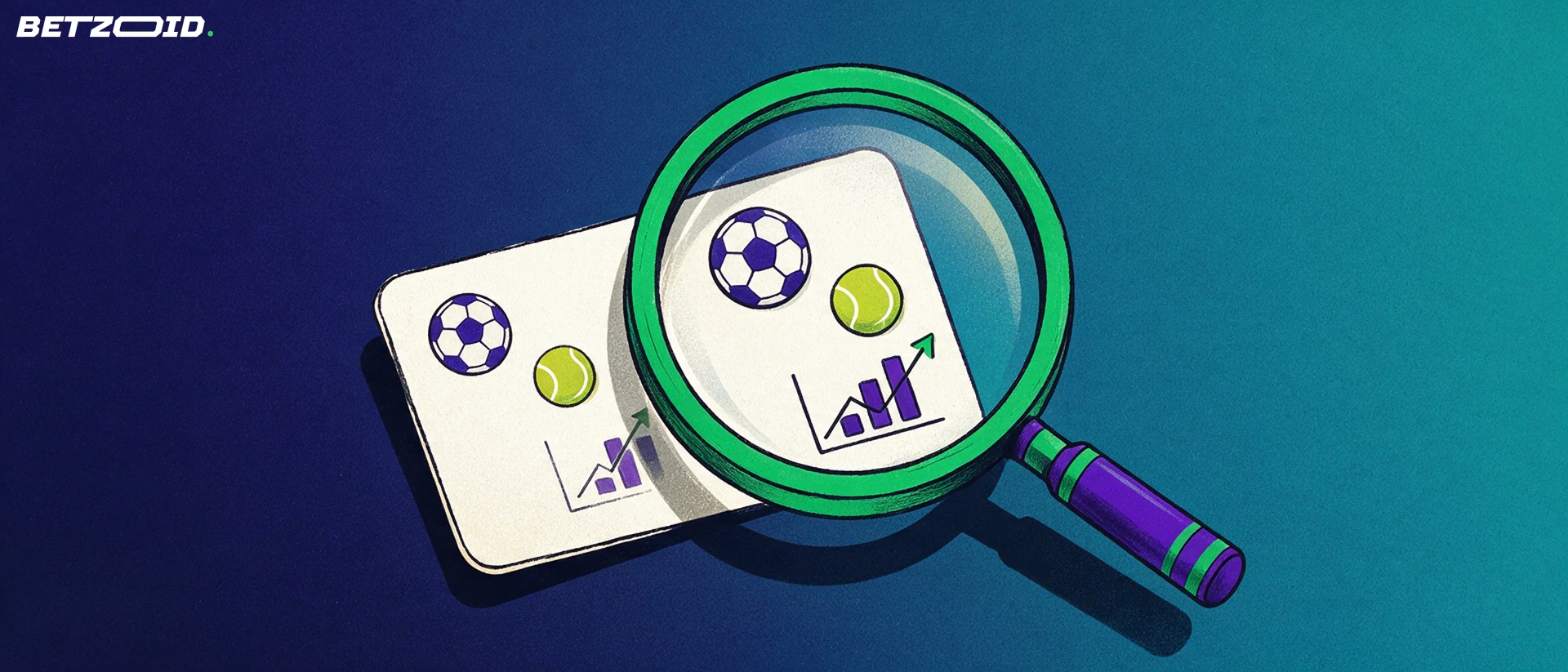 Ilustración de una lupa grande sobre un boleto de apuestas con símbolos de fútbol, tenis y una flecha ascendente junto a un gráfico de cuotas.
