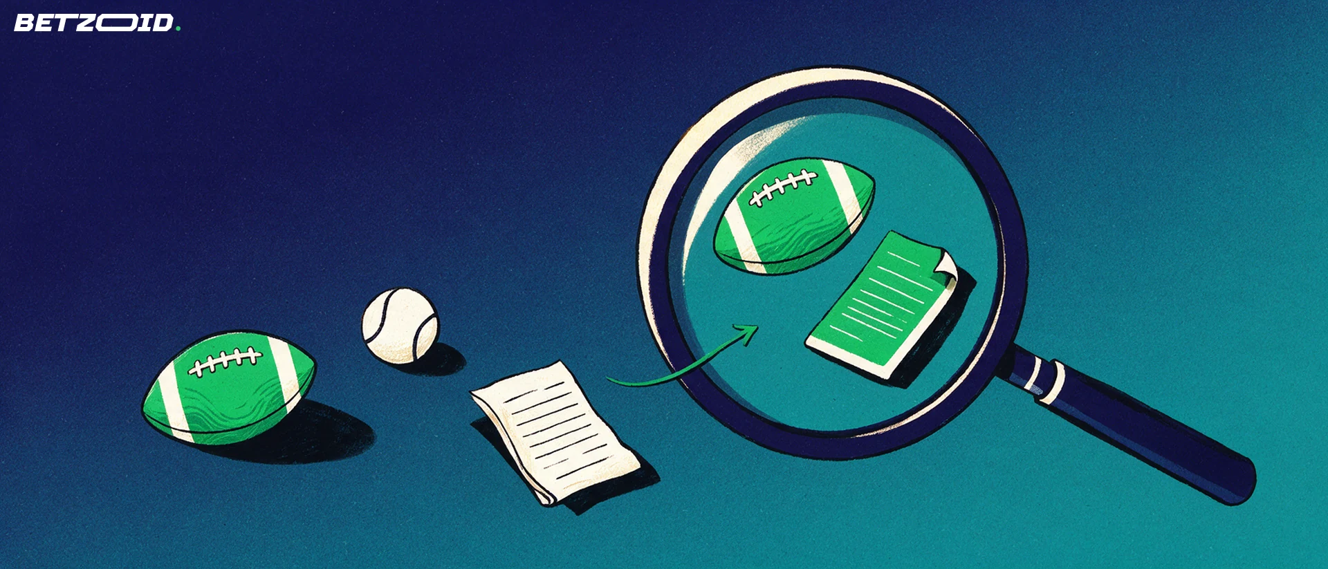 Ilustración de una lupa grande que examina un balón de fútbol, una pelota de tenis y un boleto de apuestas sin texto sobre fondo azul y turquesa.