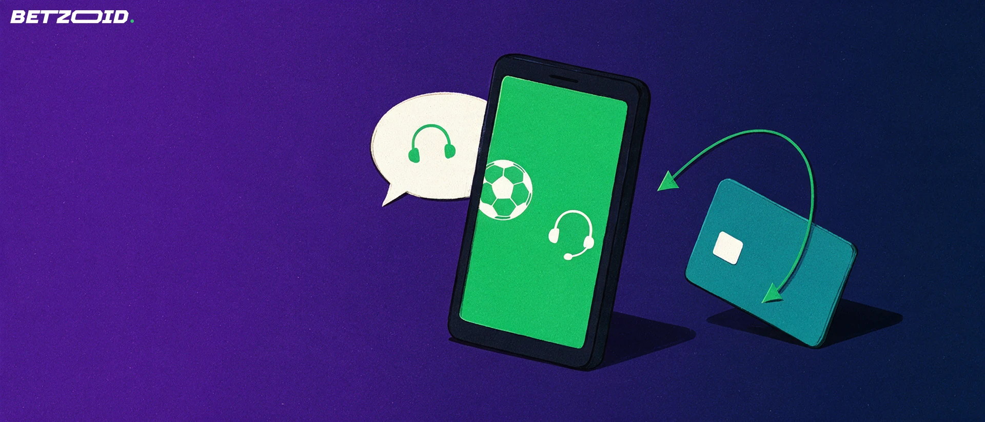 Ilustración de un teléfono móvil con símbolos de fútbol y auriculares, junto a una tarjeta bancaria y un globo de diálogo, con una flecha circular entre ellos.