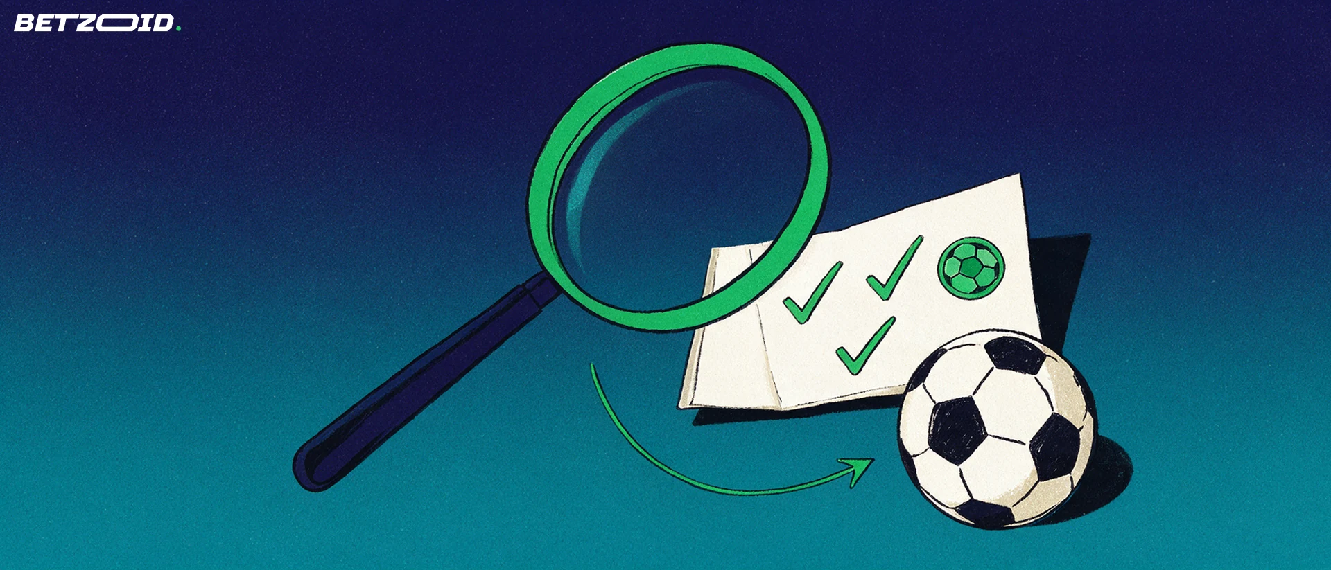 Ilustración de una lupa que examina un boleto de apuestas con marcas de verificación junto a un balón de fútbol
