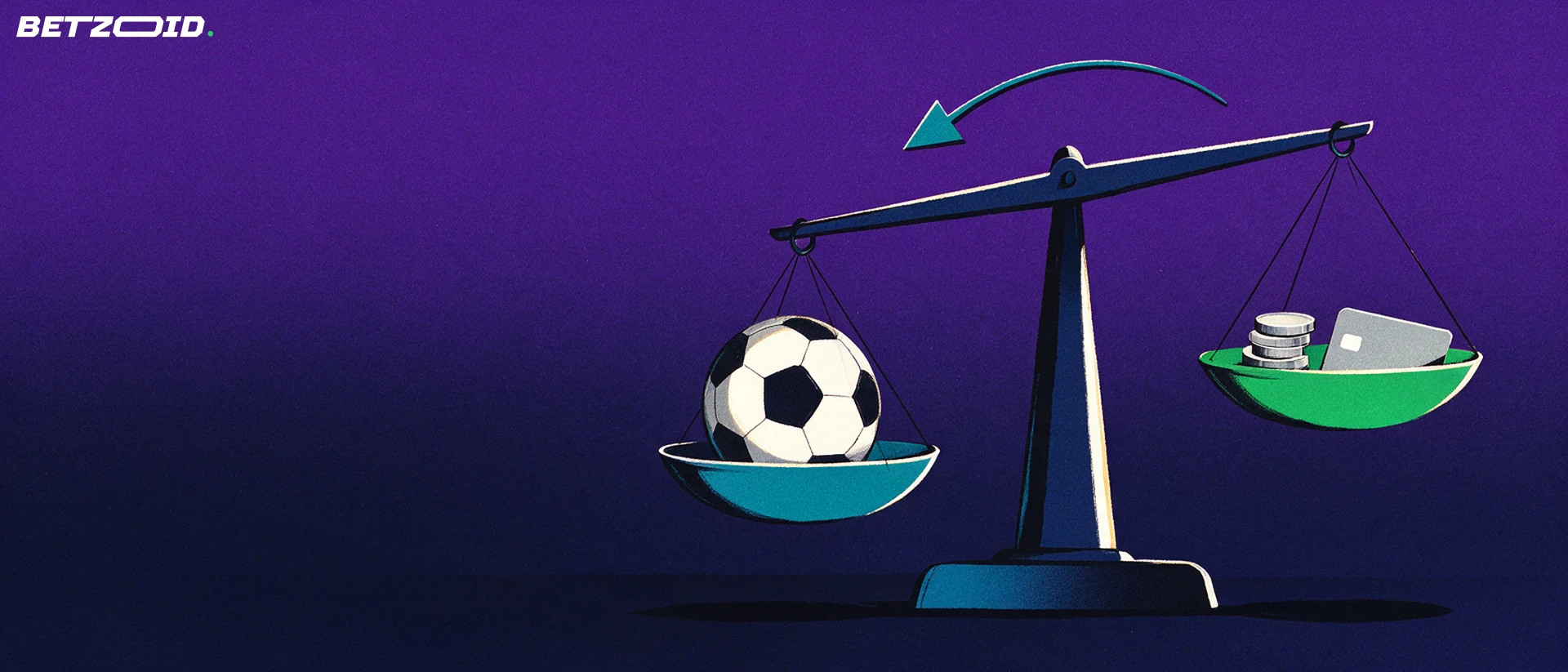 Ilustración de una balanza que compara un balón de fútbol con monedas y una tarjeta de pago sin marca