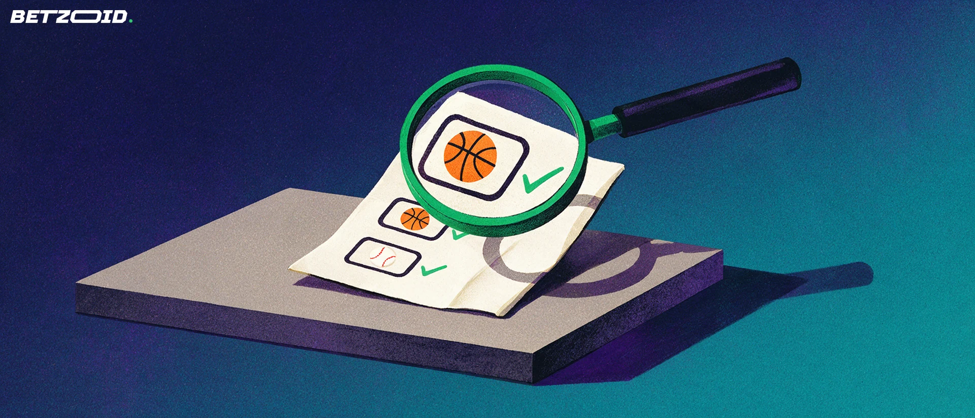 Ilustración de una lupa grande que amplía un boleto de apuestas con iconos de baloncesto, fútbol americano y béisbol marcados con palomitas.