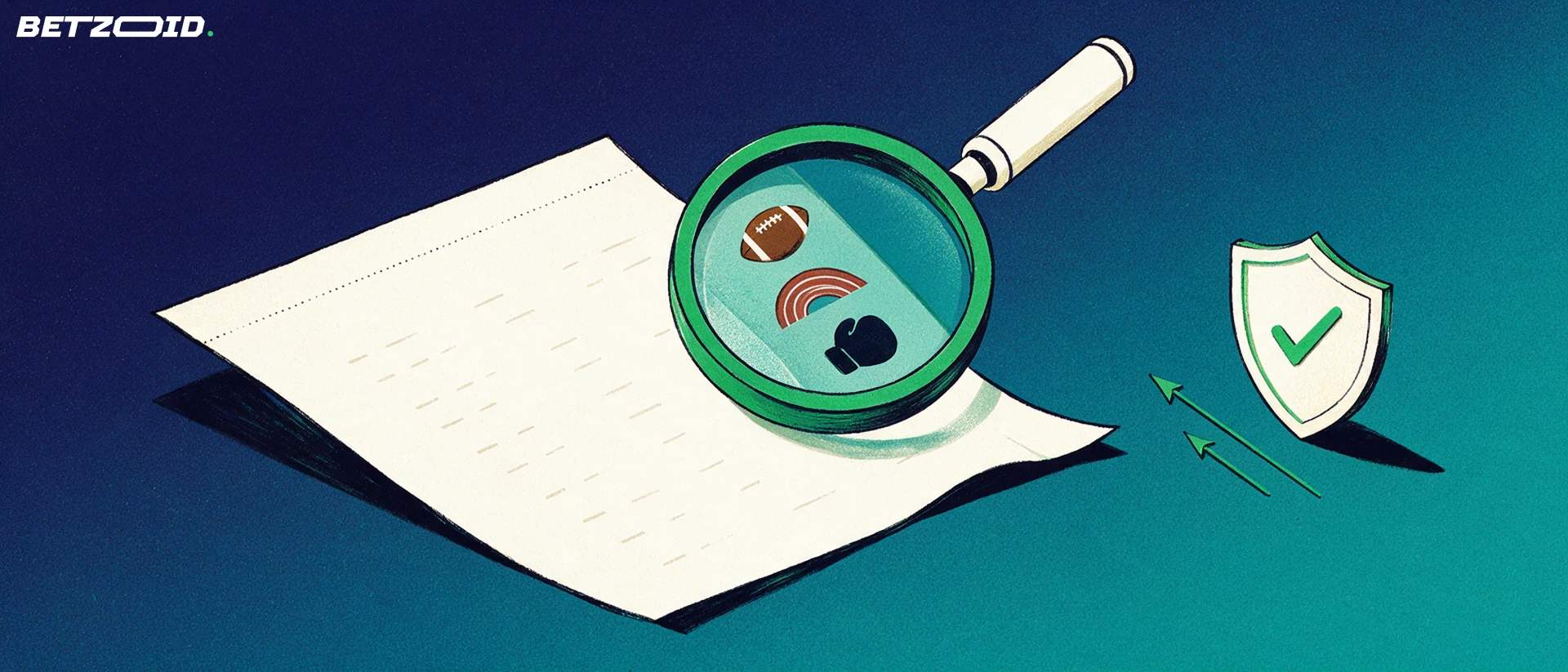Ilustración de una lupa que examina un boleto de apuestas con iconos de fútbol, atletismo y boxeo, junto a un escudo con una marca de verificación.