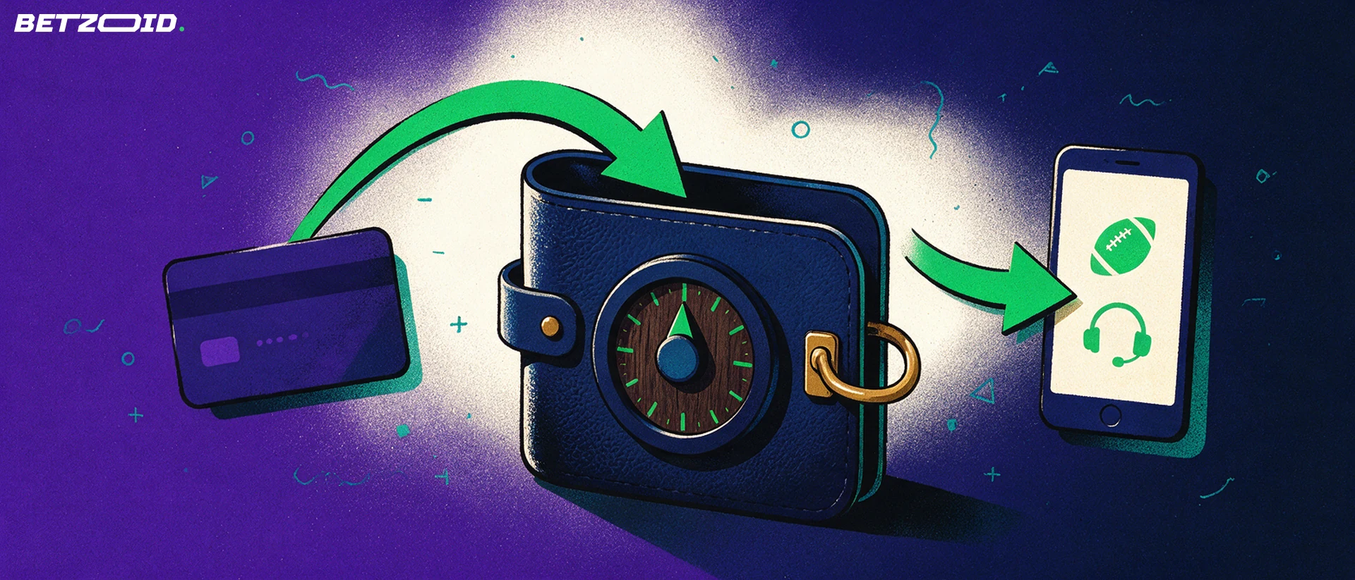Ilustración de una tarjeta bancaria, una caja fuerte tipo cartera y un teléfono con un icono de balón y un auricular de atención al cliente, unidos por flechas.