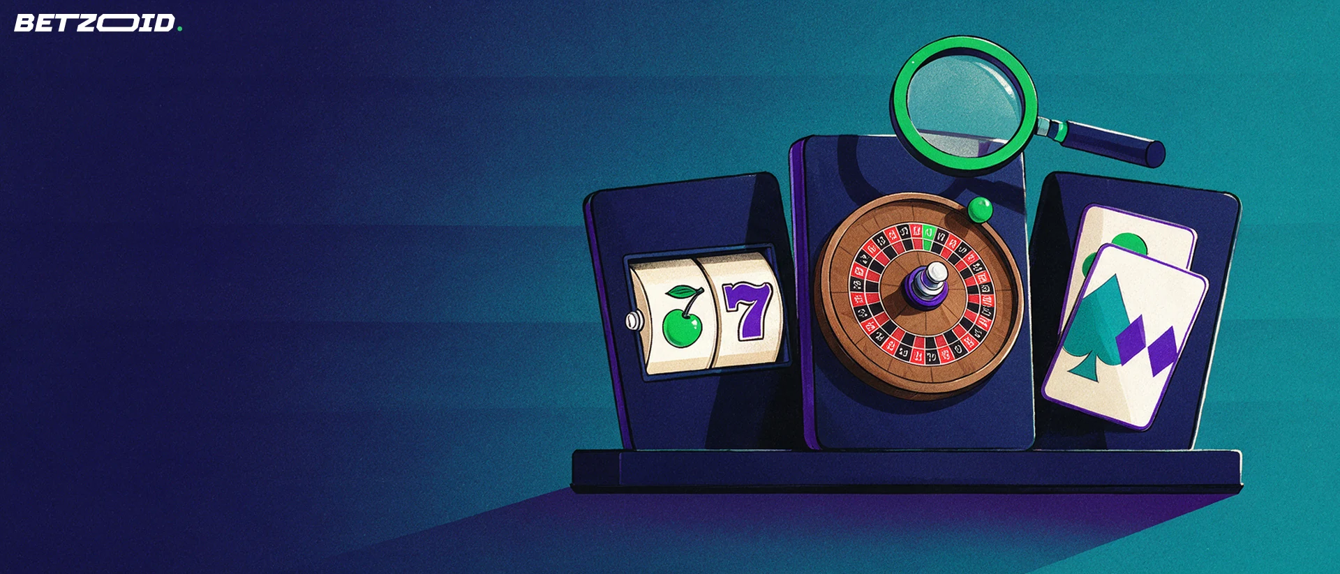 Ilustración de tres fichas de juegos de casino con una tragamonedas, una ruleta y cartas, examinadas con una lupa.