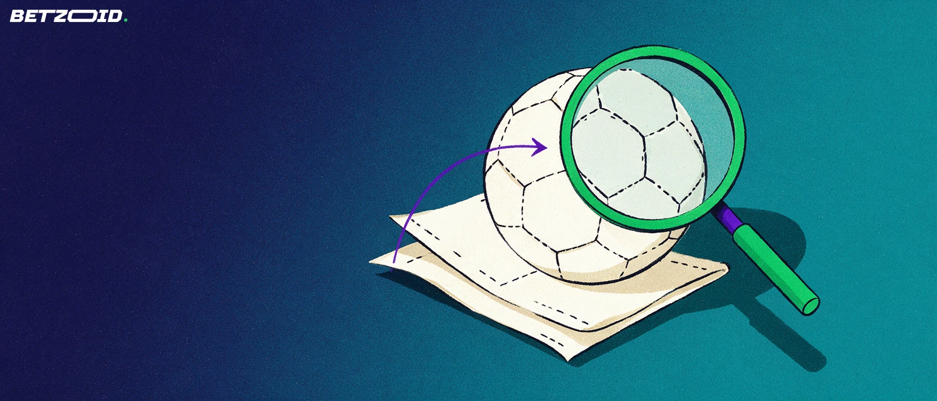 Ilustración de una lupa grande sobre un balón de fútbol apoyado en un boleto de apuestas en blanco, con una flecha curva que indica inspección.