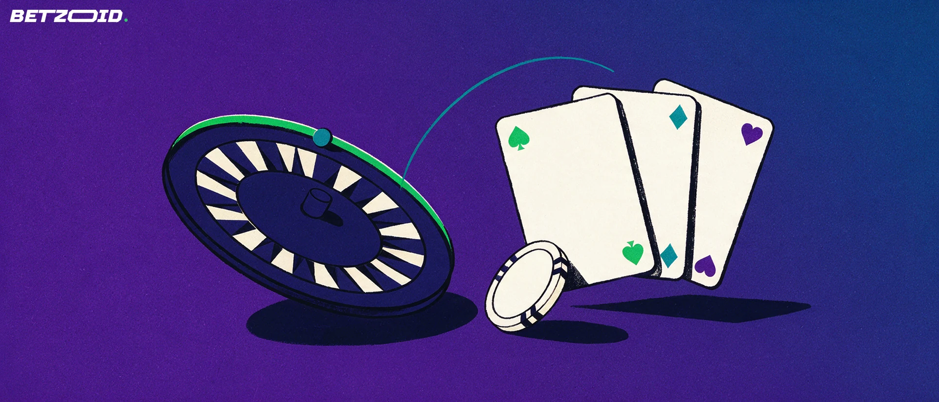 Ilustración de una ruleta inclinada junto a un abanico de tres cartas con símbolos de picas, diamantes y corazones, y una ficha de casino apoyada.