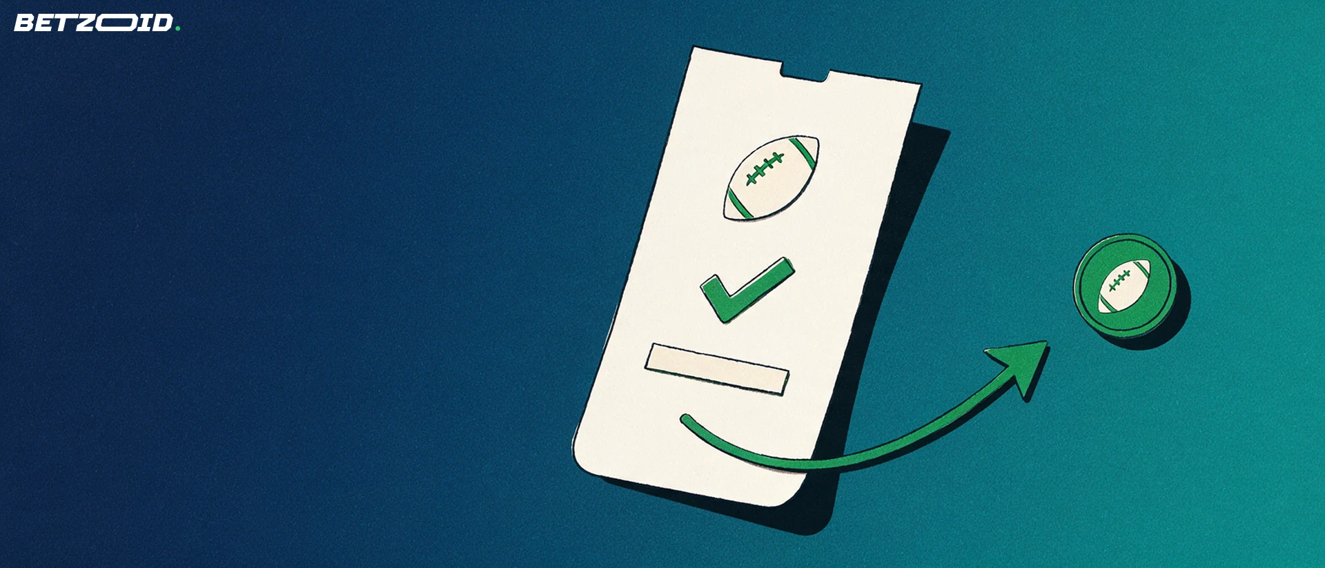 Ilustración de un gran boleto de apuestas con símbolos de balón y marca de verificación, unido por una flecha a una ficha verde con forma de balón.