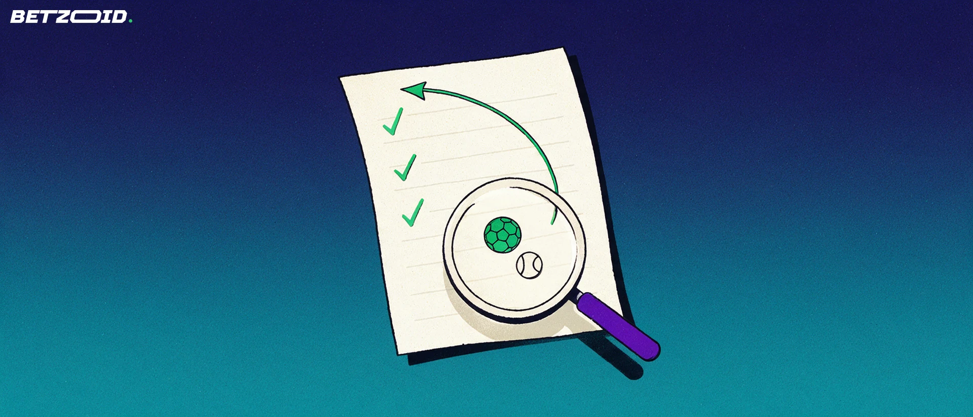 Ilustración de una lupa grande examinando un boletín de apuestas con marcas de verificación y siluetas de balón y pelota de tenis.