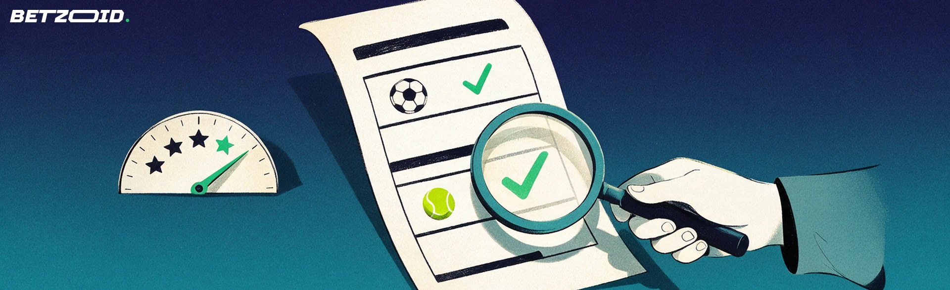 Ilustración de una lupa sobre un boletín de apuestas con iconos de fútbol y tenis junto a un medidor de valoración con estrellas.