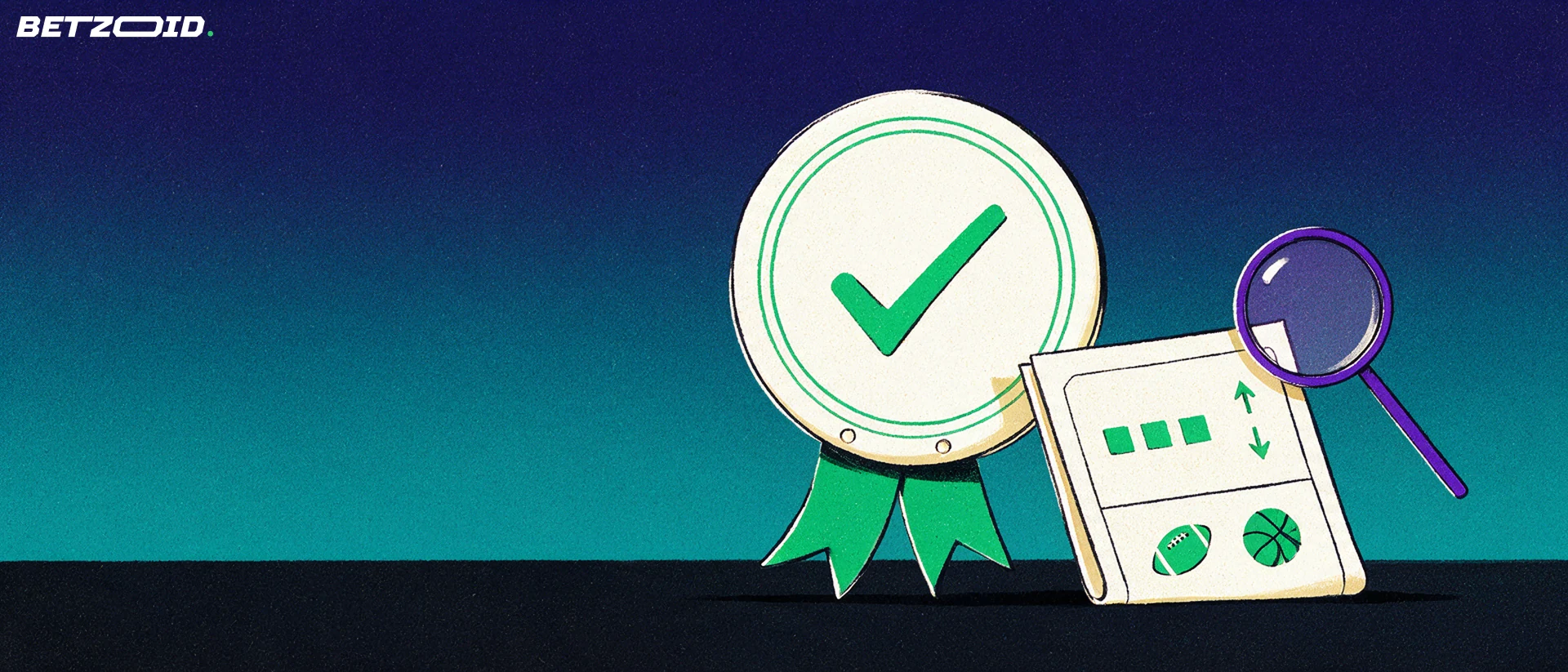 Ilustración de un sello circular de licencia con marca de verificación junto a un boletín de apuestas con flechas de cuotas y una lupa.