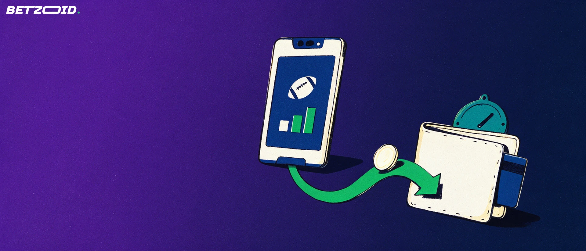 Ilustración de un teléfono móvil con iconos deportivos y una flecha verde que lleva una moneda hacia una cartera con tarjeta, junto a un reloj.
