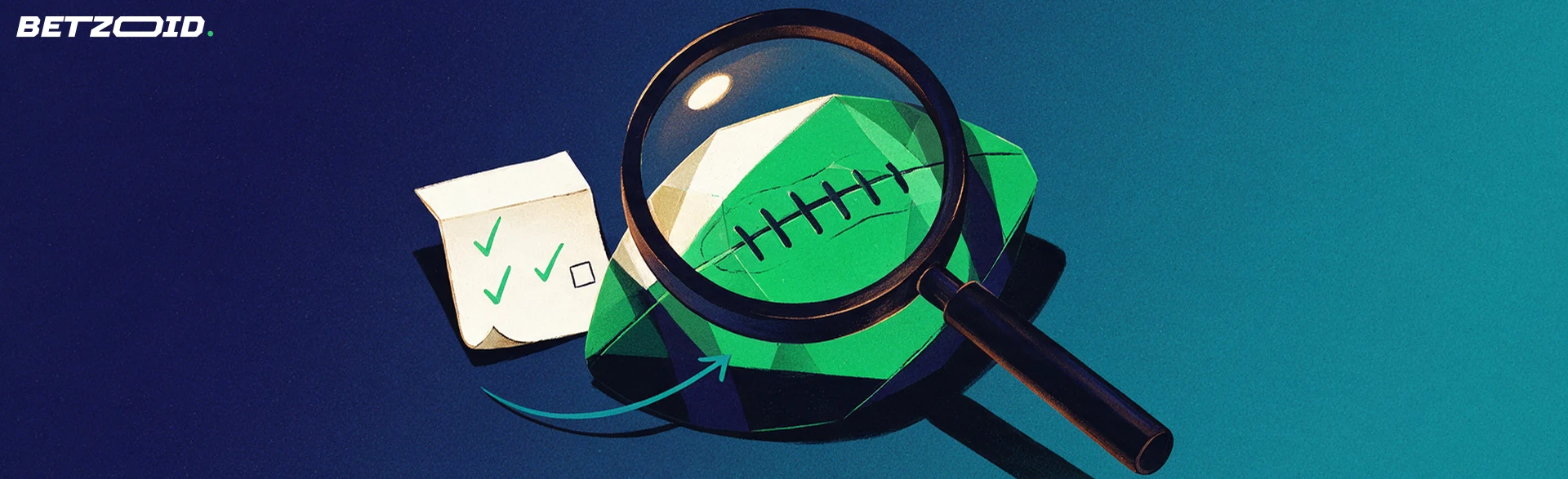 Ilustración de una lupa que amplía un balón de fútbol junto a un boleto de apuestas con marcas de verificación