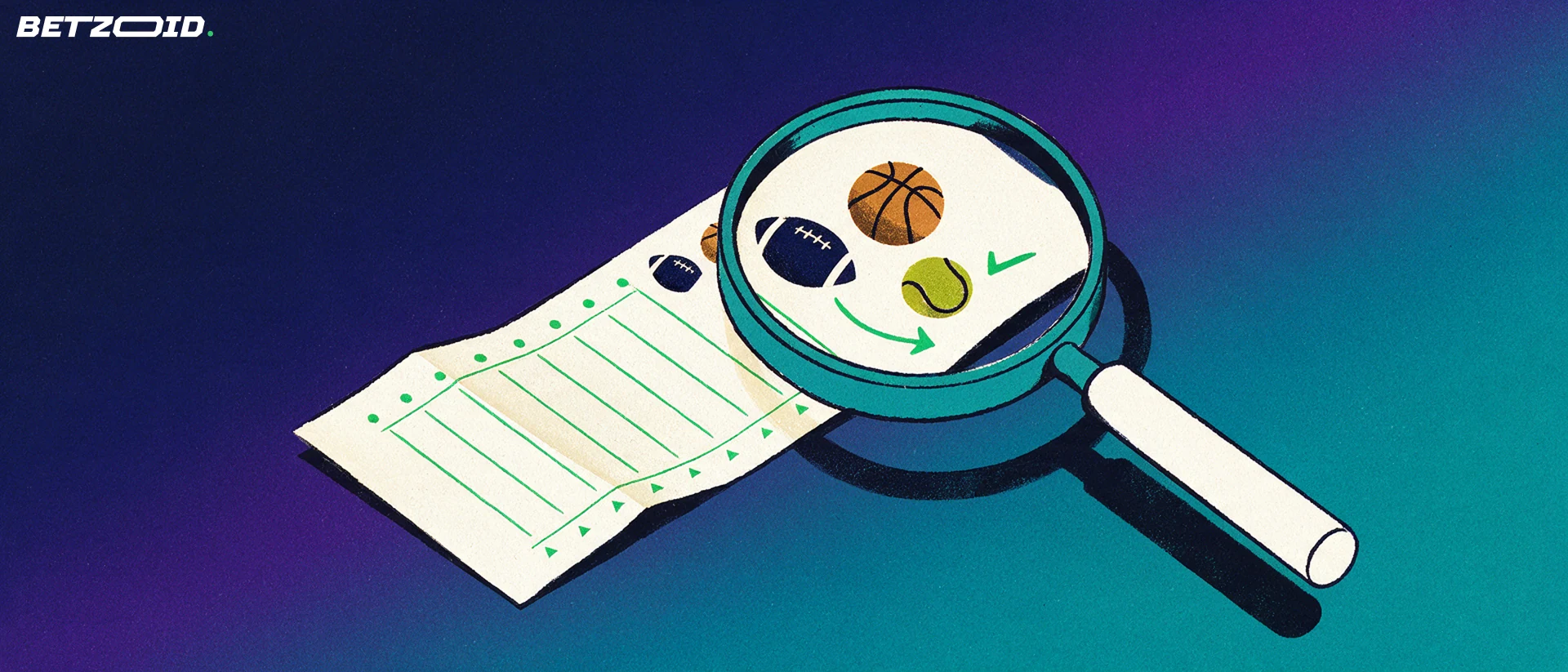 Illustrazione di una grande lente d'ingrandimento che esamina una schedina con simboli di calcio, basket e tennis