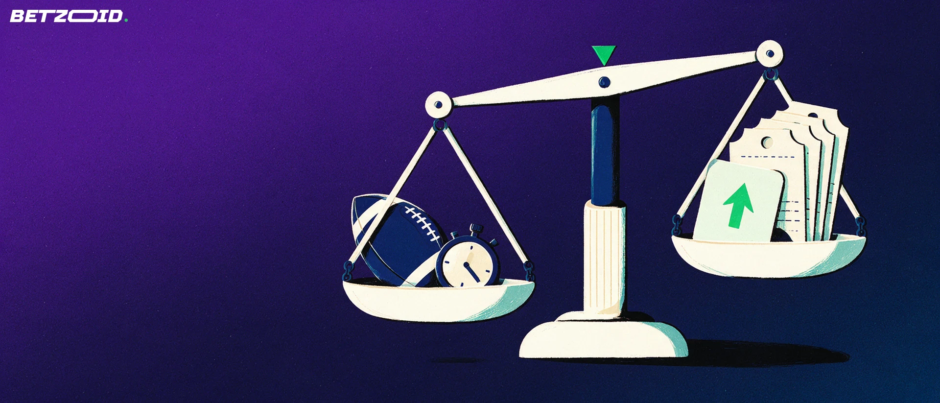Illustrazione di una bilancia che confronta un pallone da calcio e un cronometro con schedine e una carta di pagamento