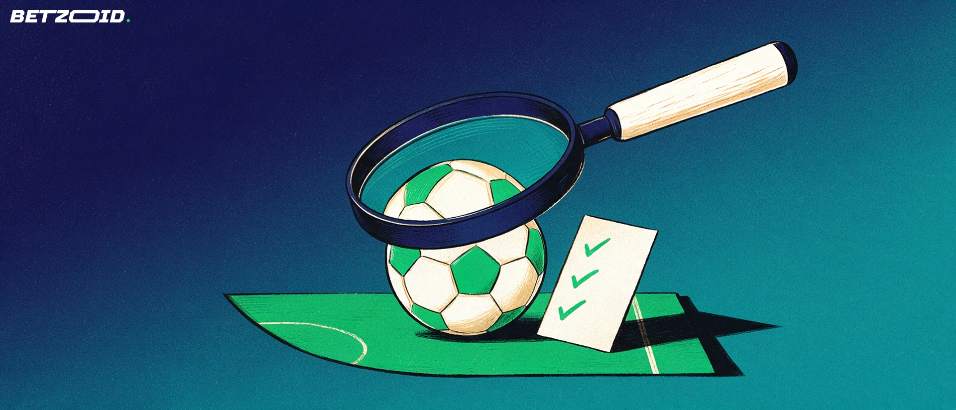 Ilustración de una lupa inclinada que amplía un balón de fútbol sobre un trozo de césped, junto a una tarjeta con tres marcas de verificación.