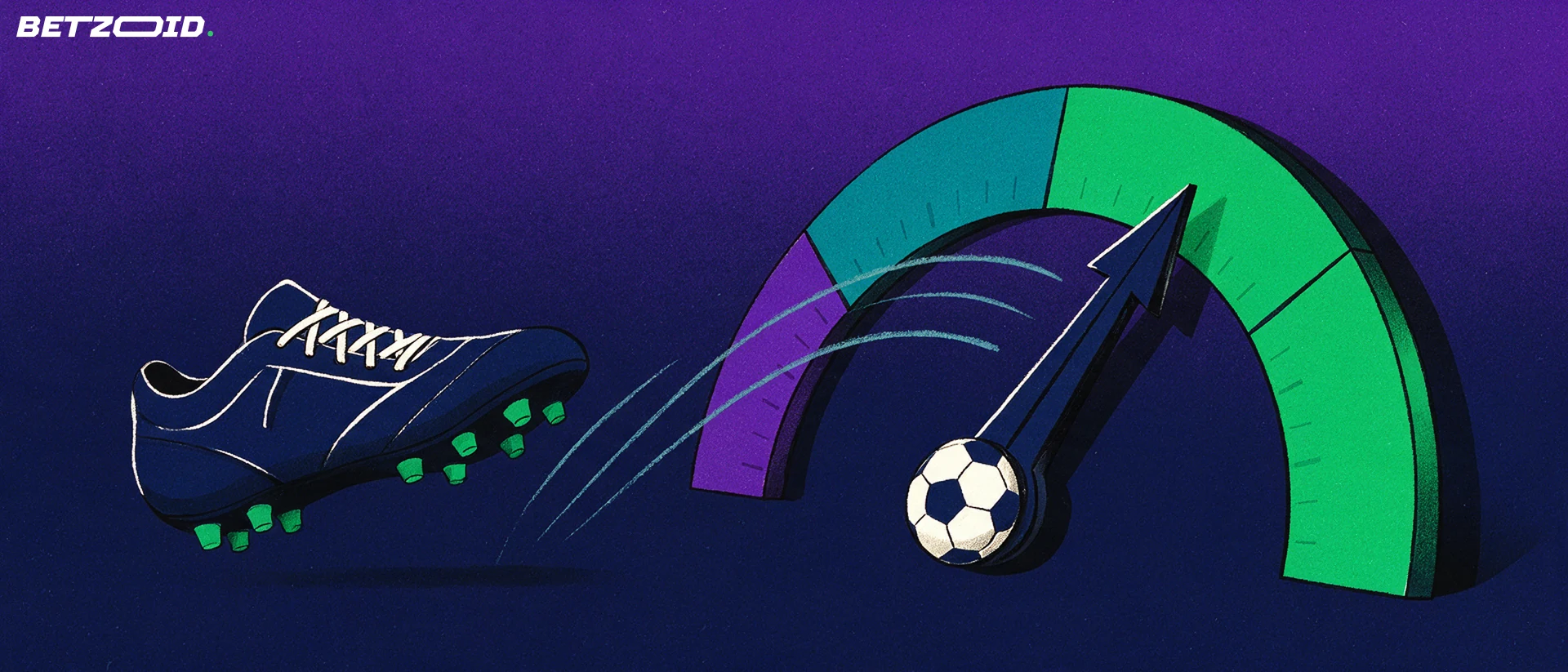 Ilustración de un medidor semicircular con aguja apuntando hacia arriba, cuyo eje es un balón de fútbol, con una bota deportiva a su lado.