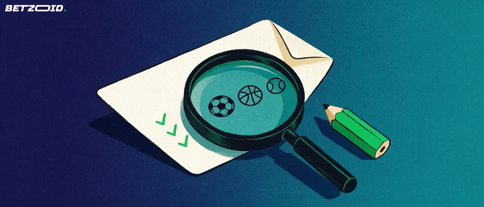 Ilustración de una lupa gigante sobre un boletín de apuestas con iconos de fútbol, baloncesto y tenis y marcas de verificación.