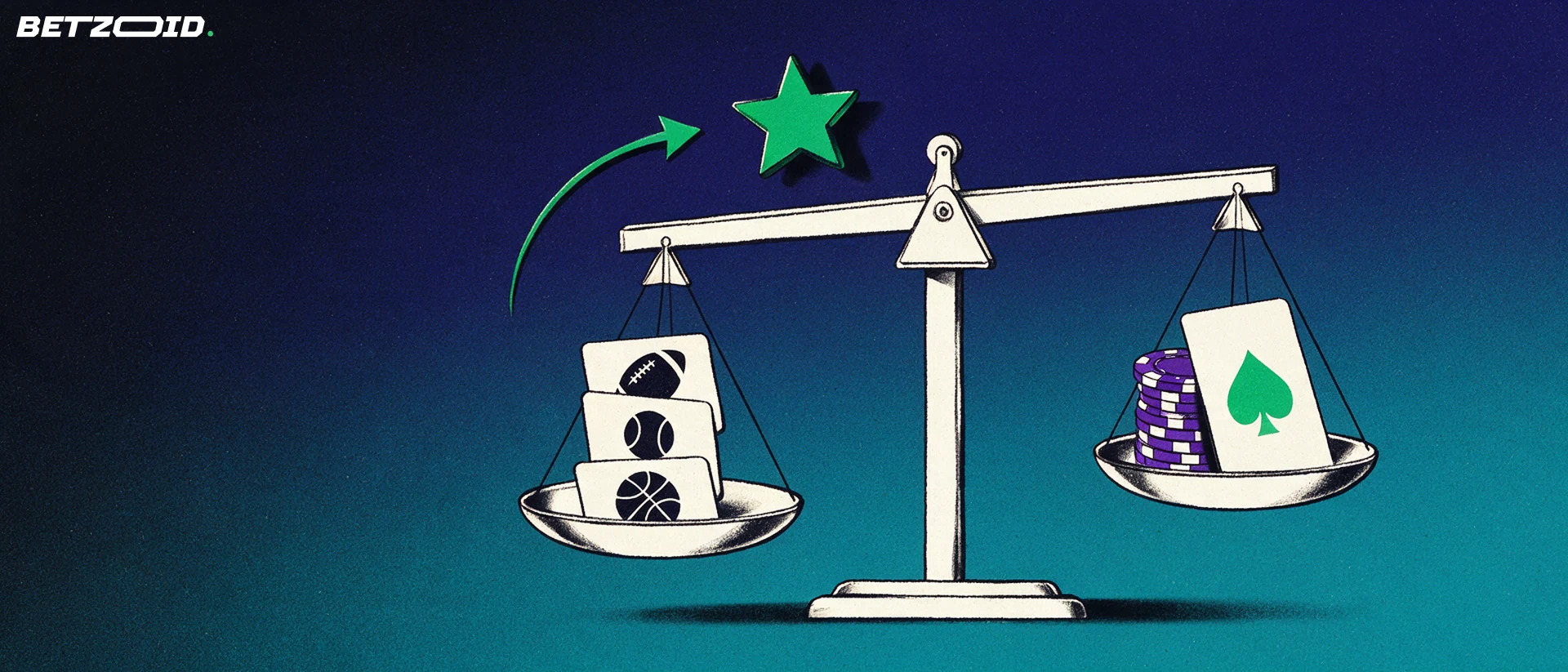 Ilustración de una balanza que compara boletos deportivos con fichas de casino, con una estrella verde de valoración sobre el eje.