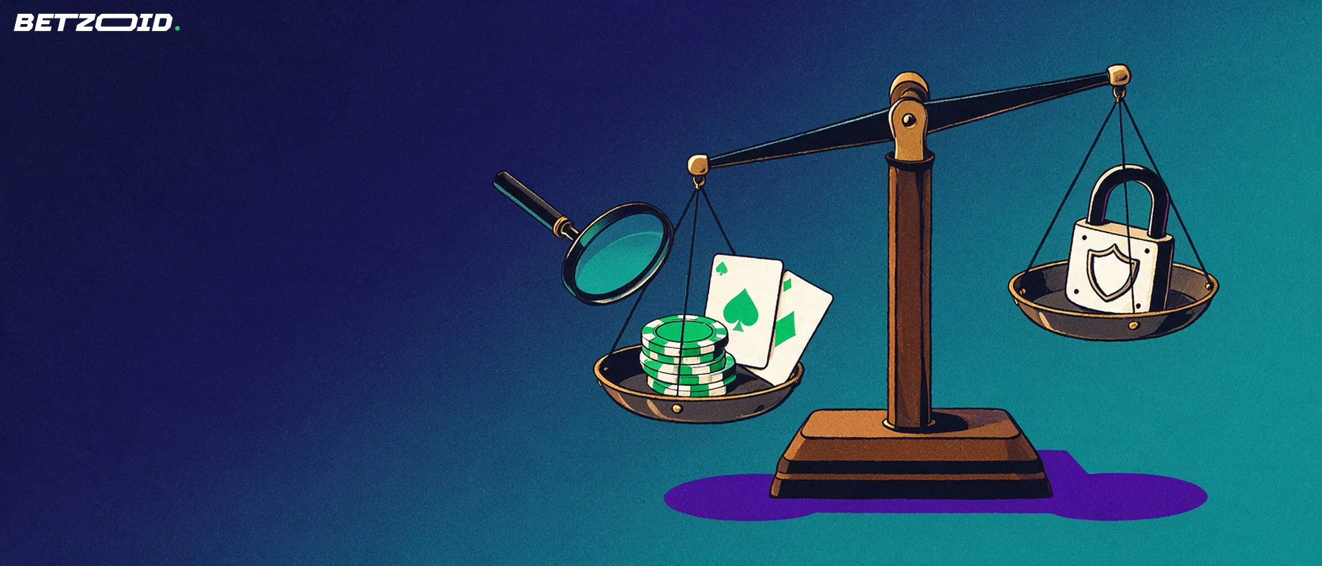 Ilustración de una balanza que compara fichas de casino y cartas con un candado y un escudo, observada por una lupa.