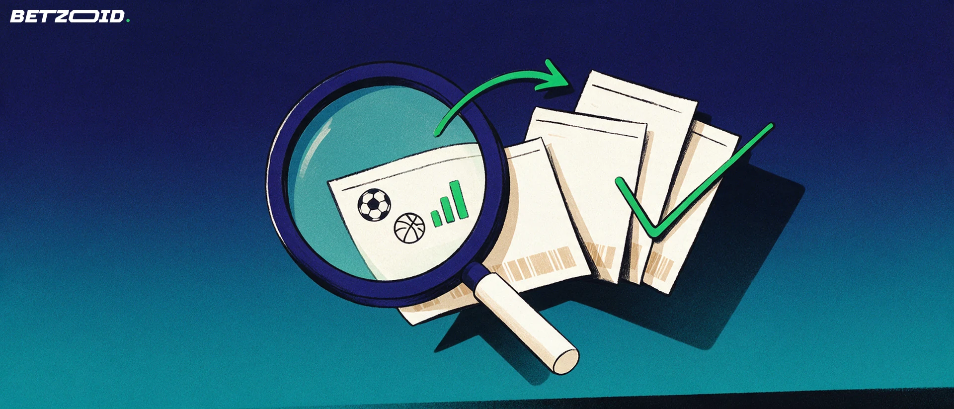 Ilustración de una lupa que amplía un boletín de apuestas con símbolos de fútbol y baloncesto sobre fondo azul.