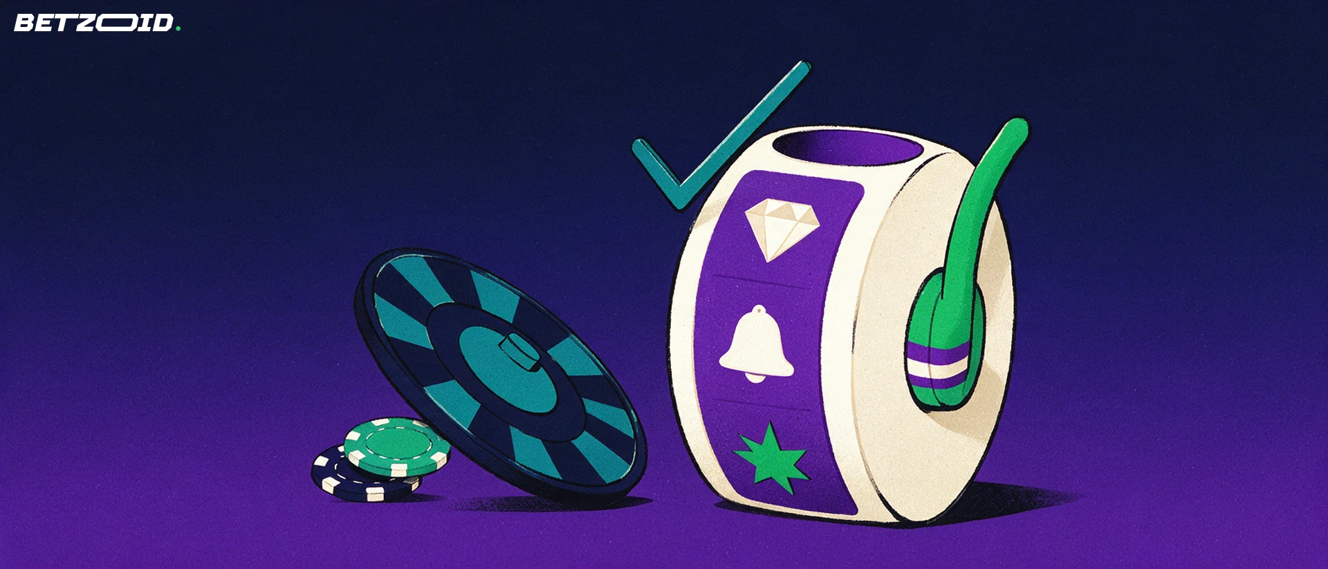 Ilustración de un tambor de máquina tragaperras junto a una ruleta inclinada y dos fichas sobre fondo violeta.