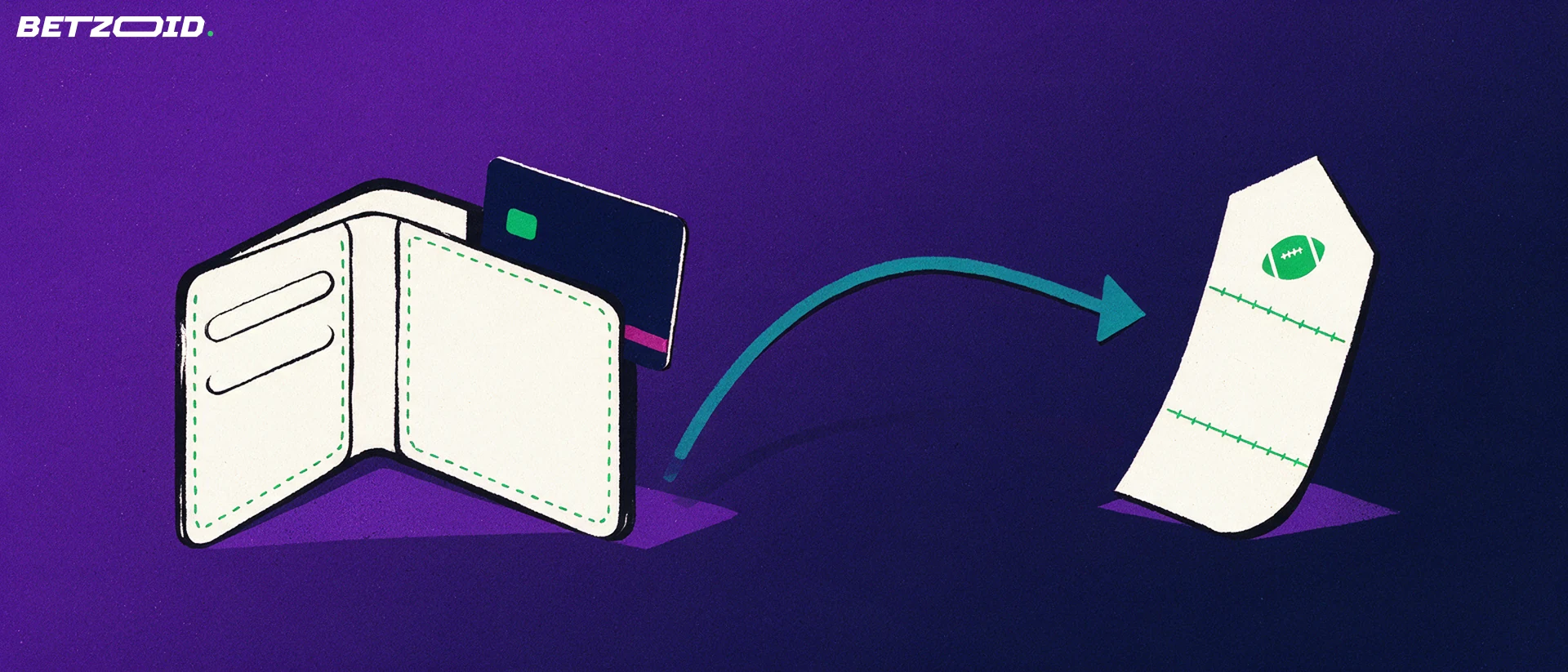 Ilustración de una cartera abierta con una tarjeta bancaria y una flecha curva que conecta con un boletín de apuestas con icono de balón.