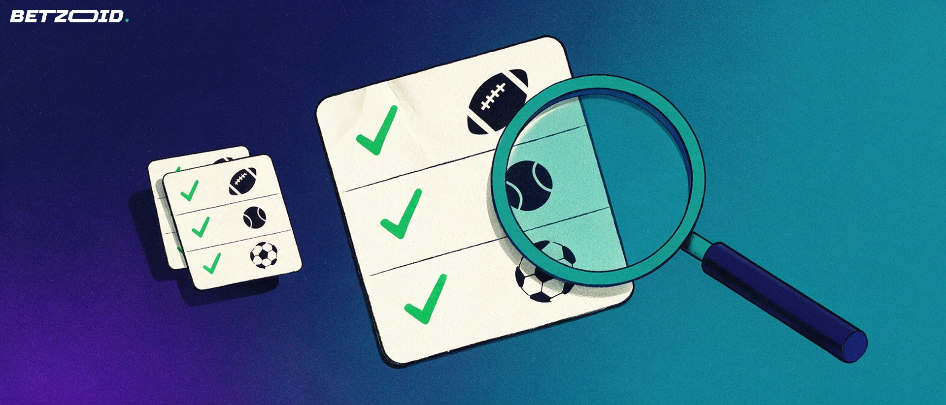 Illustration of a magnifying glass examining a betting slip marked with checkmarks and small football and tennis icons.