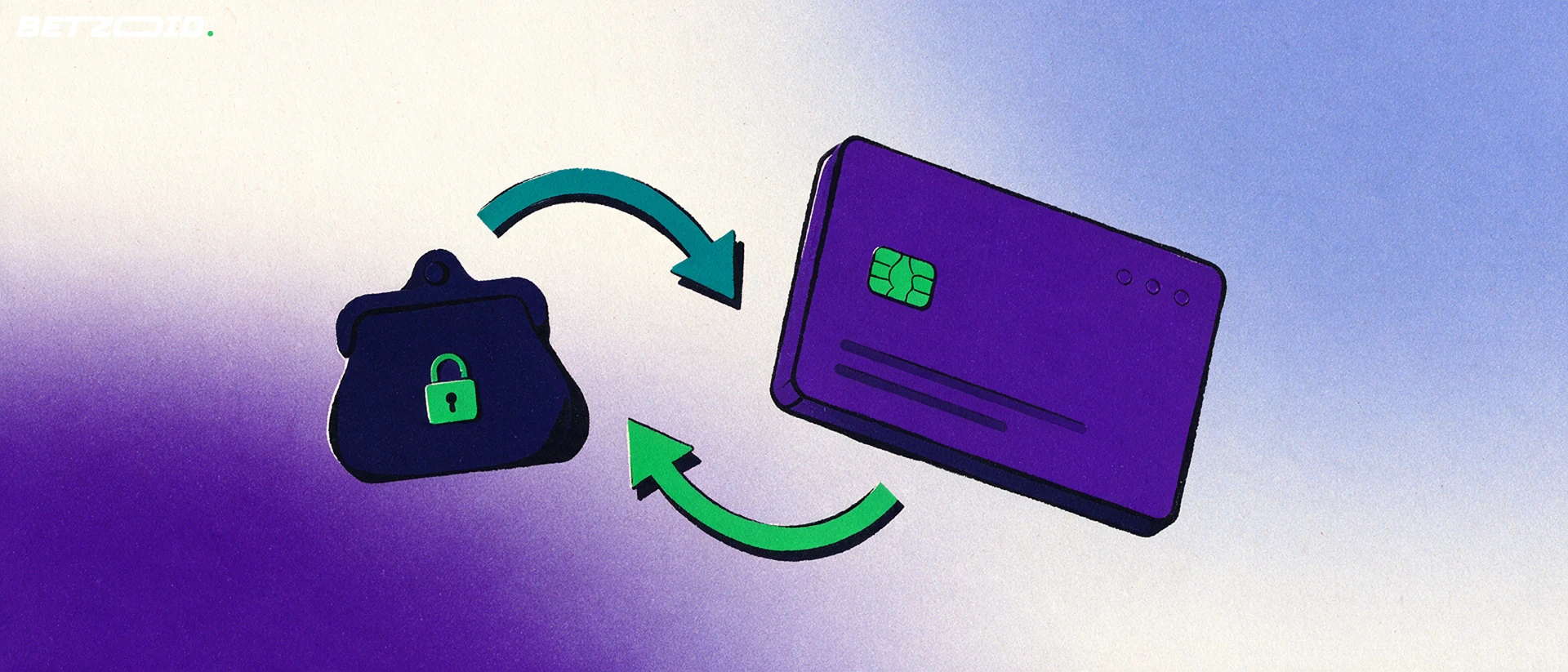 Illustration of a bank card and a padlocked wallet linked by two curved arrows showing deposits and withdrawals.