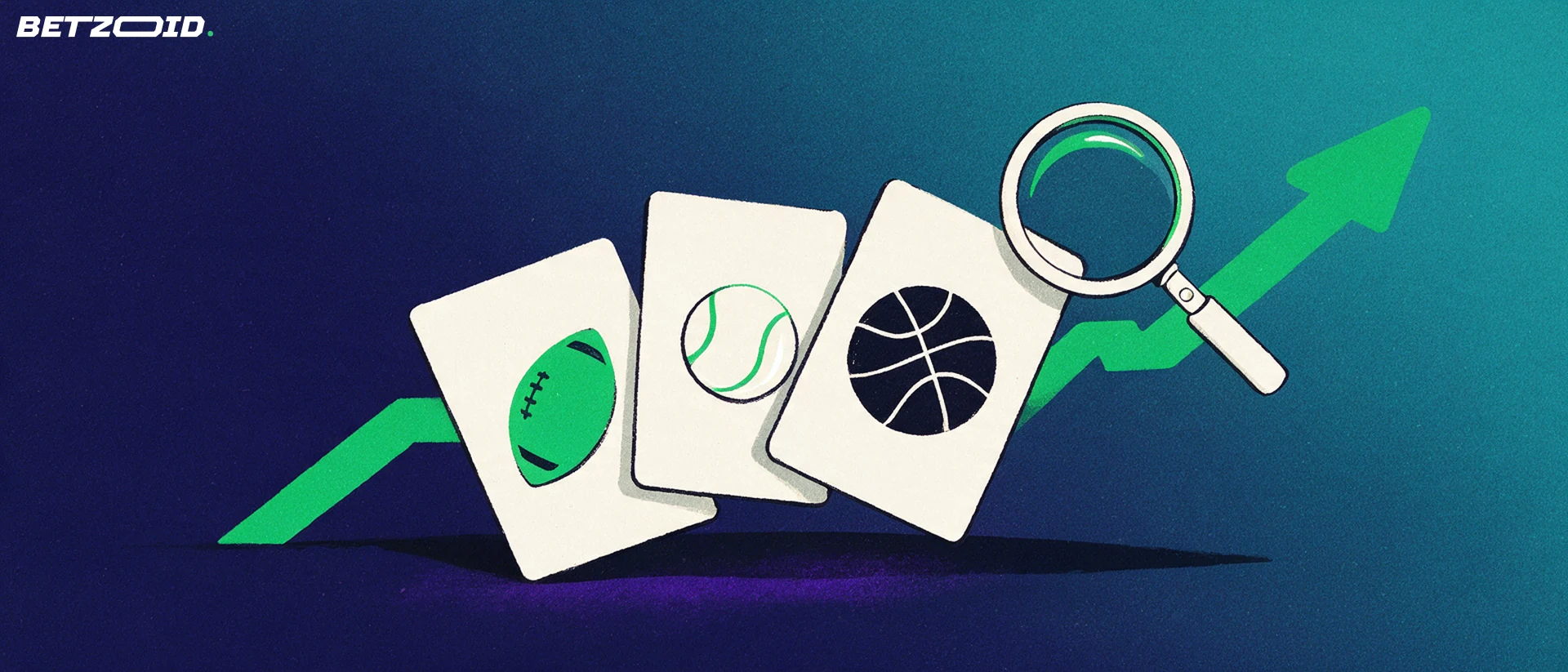Ilustración de tres tarjetas con símbolos de fútbol, tenis y baloncesto junto a una flecha ascendente y una lupa sobre fondo azul marino.