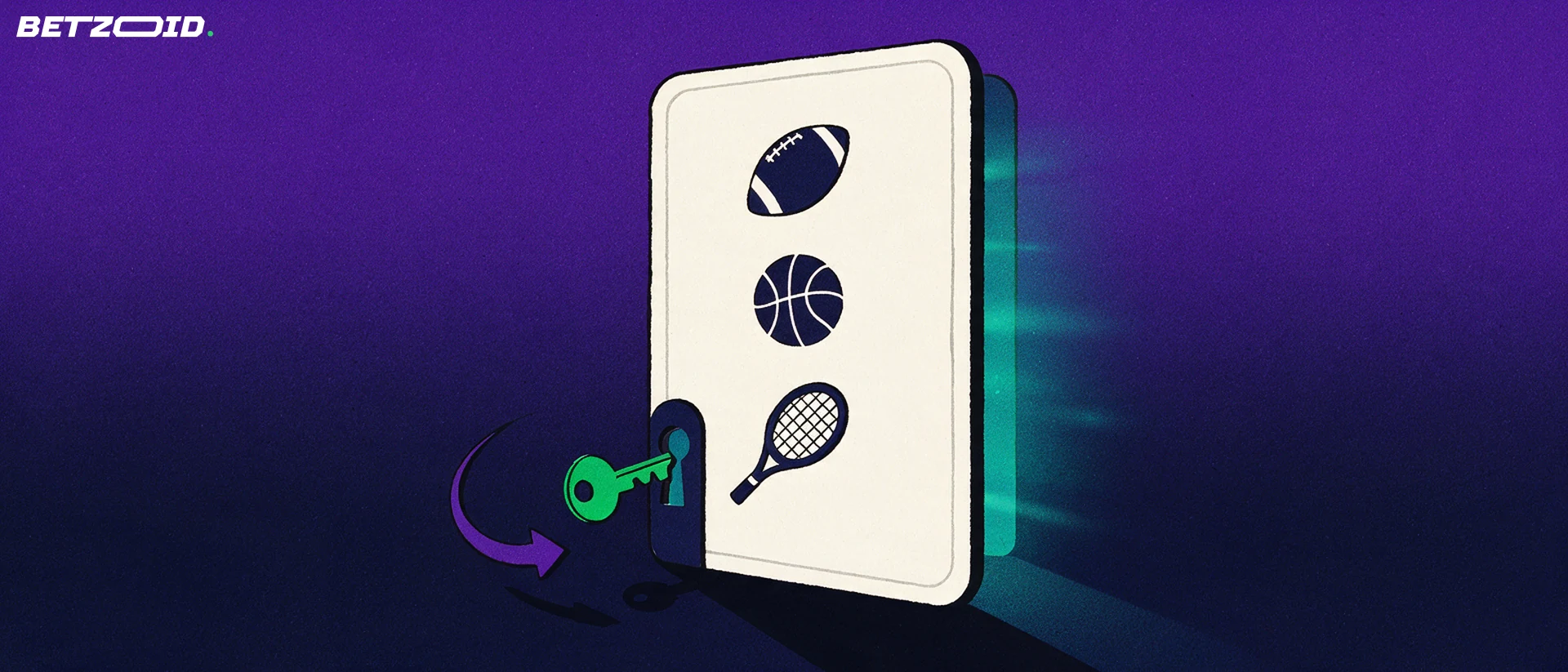 Ilustración de una tarjeta con forma de puerta que muestra símbolos deportivos y se abre con una gran llave verde.