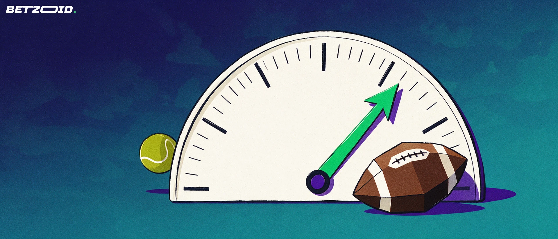 Ilustración de un gran indicador semicircular con aguja verde que sube, junto a un balón de fútbol y una pelota de tenis geométricos.