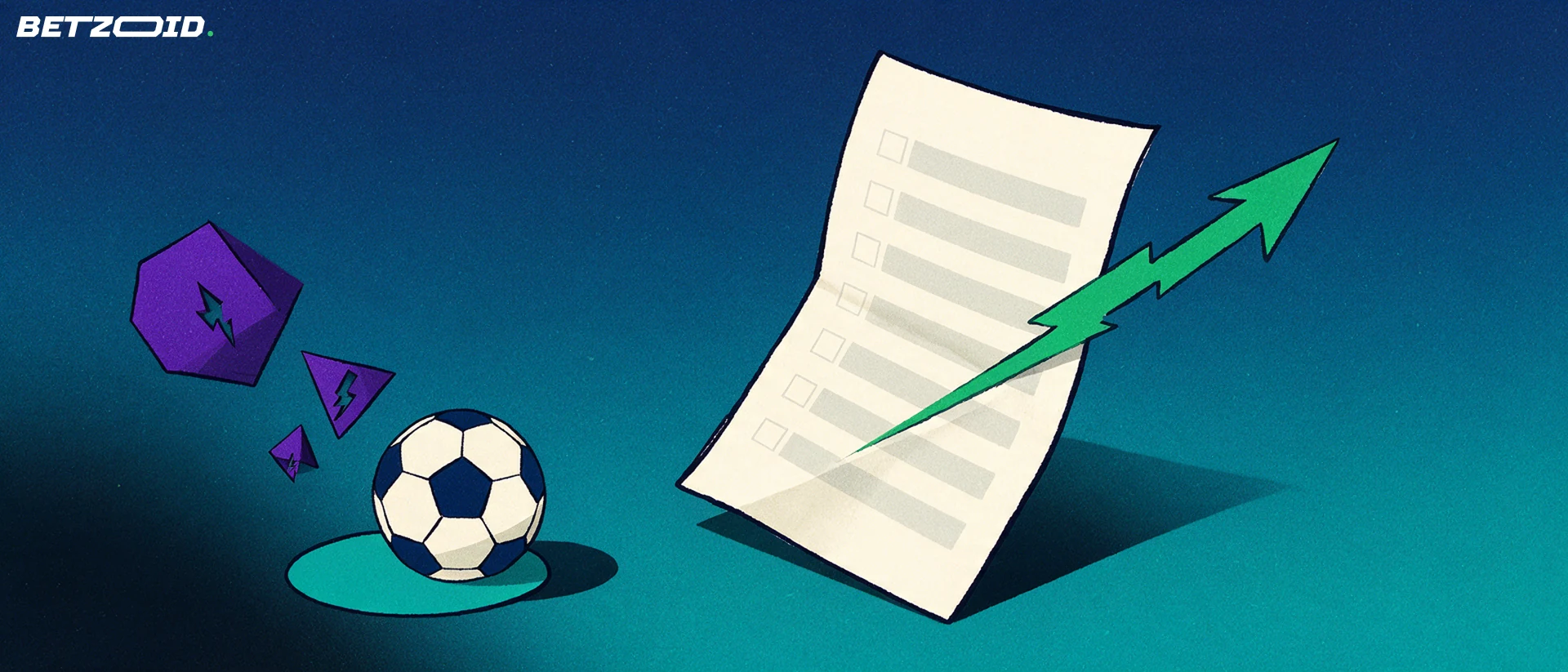 Illustration of a tilted paper betting slip crossed by a green lightning bolt that becomes a rising arrow, with a football beside it