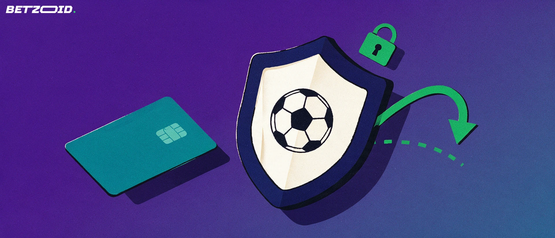 Illustration of a shield containing a football, with a plain bank card sliding in from the left and a green arrow curving out to the right