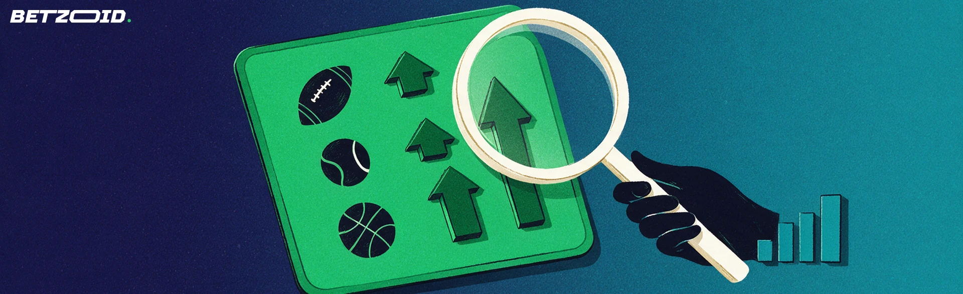 Illustrazione di un tabellone quote verde con simboli di calcio, tennis e basket, una lente d'ingrandimento e frecce verso l'alto