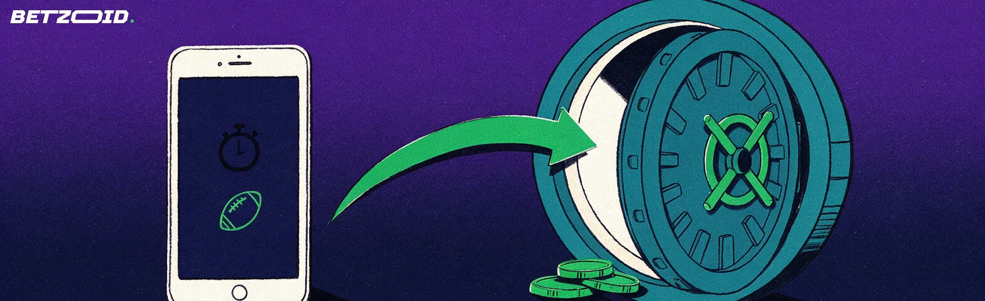 Illustrazione di uno smartphone collegato da una freccia verde a una porta di caveau aperta, con monete impilate alla base