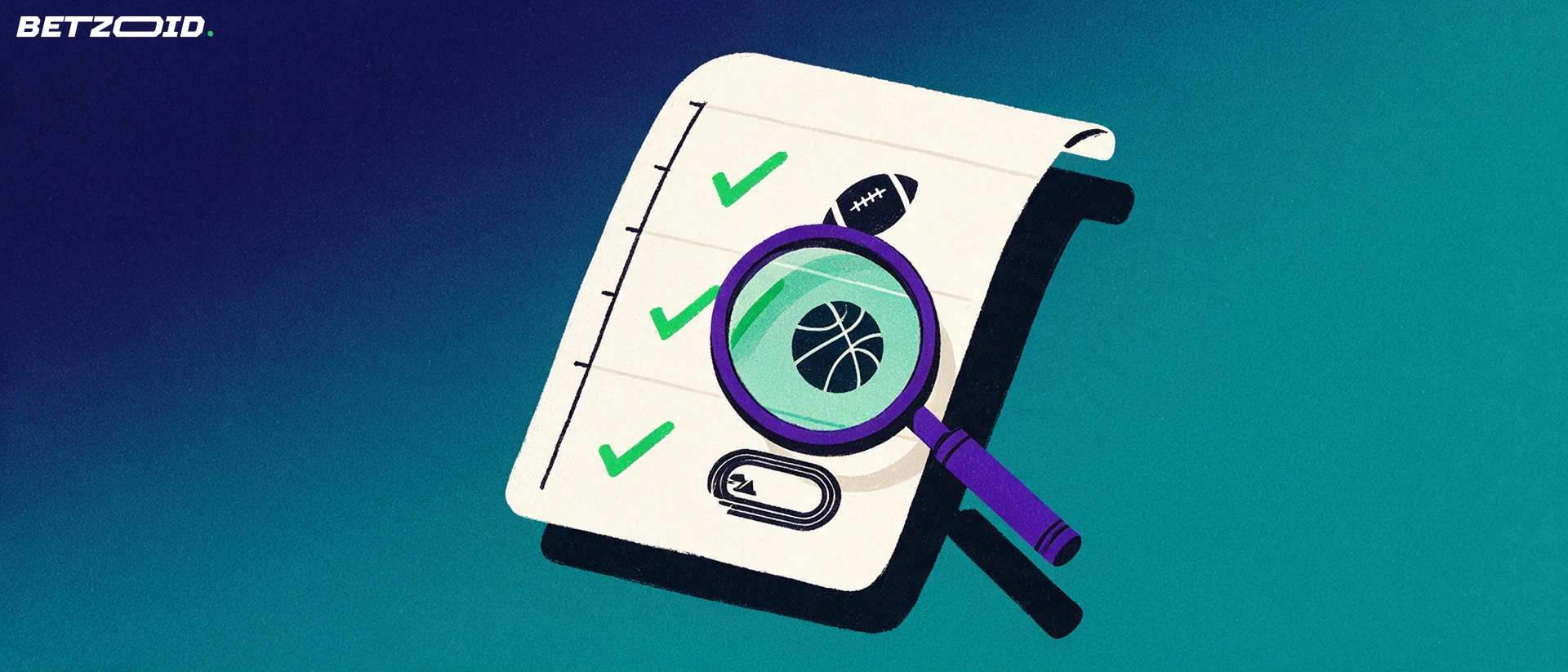 Ilustración de una lupa que examina un boleto de apuestas deportivas con marcas de verificación y pequeños iconos de balones.