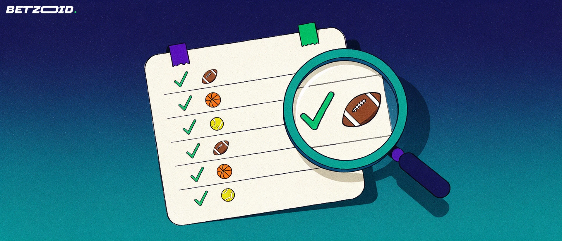 Ilustración de una lupa examinando un boleto de apuestas con marcas de verificación y símbolos de fútbol, baloncesto y tenis.
