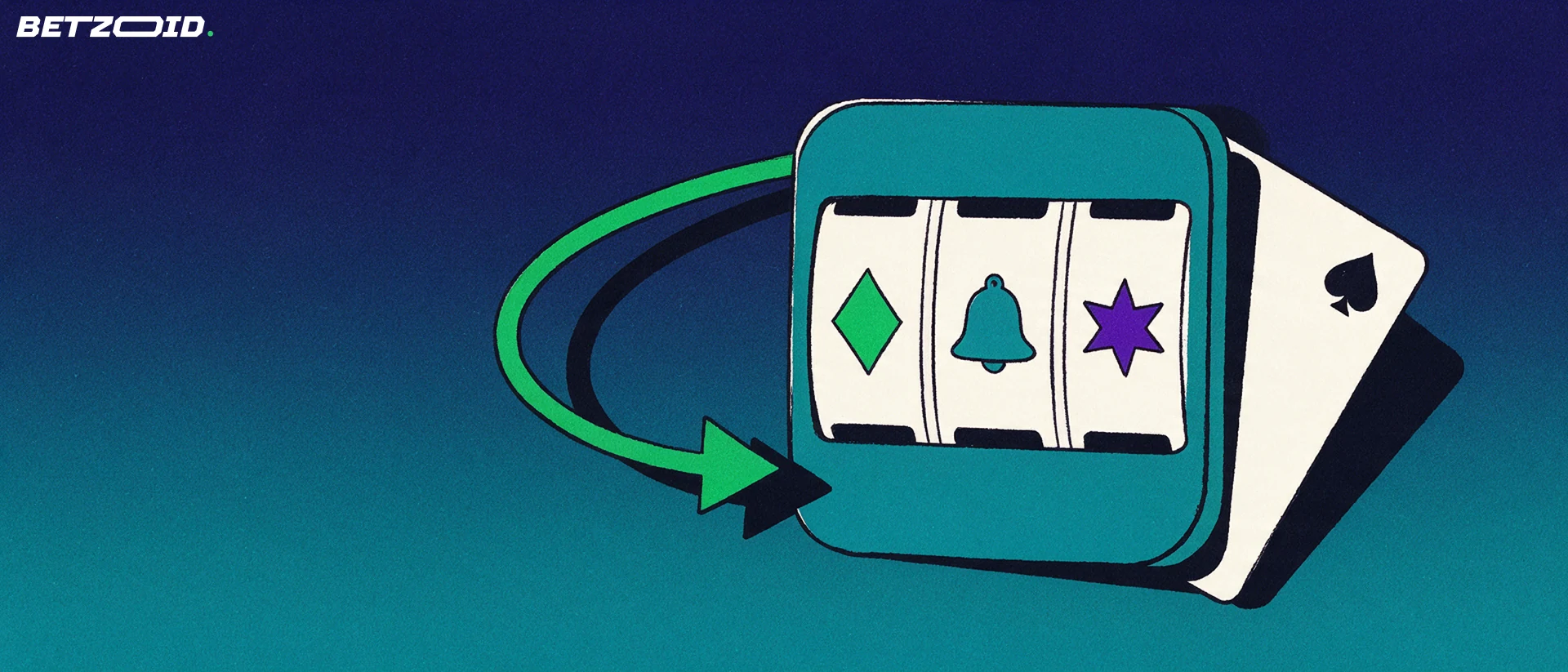 Illustration of an upright handheld device showing three slot reel symbols with a curved arrow and a playing card behind it