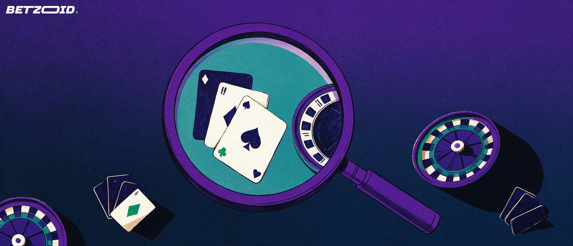 Illustration of a large magnifying glass enlarging a fan of playing cards and part of a roulette wheel