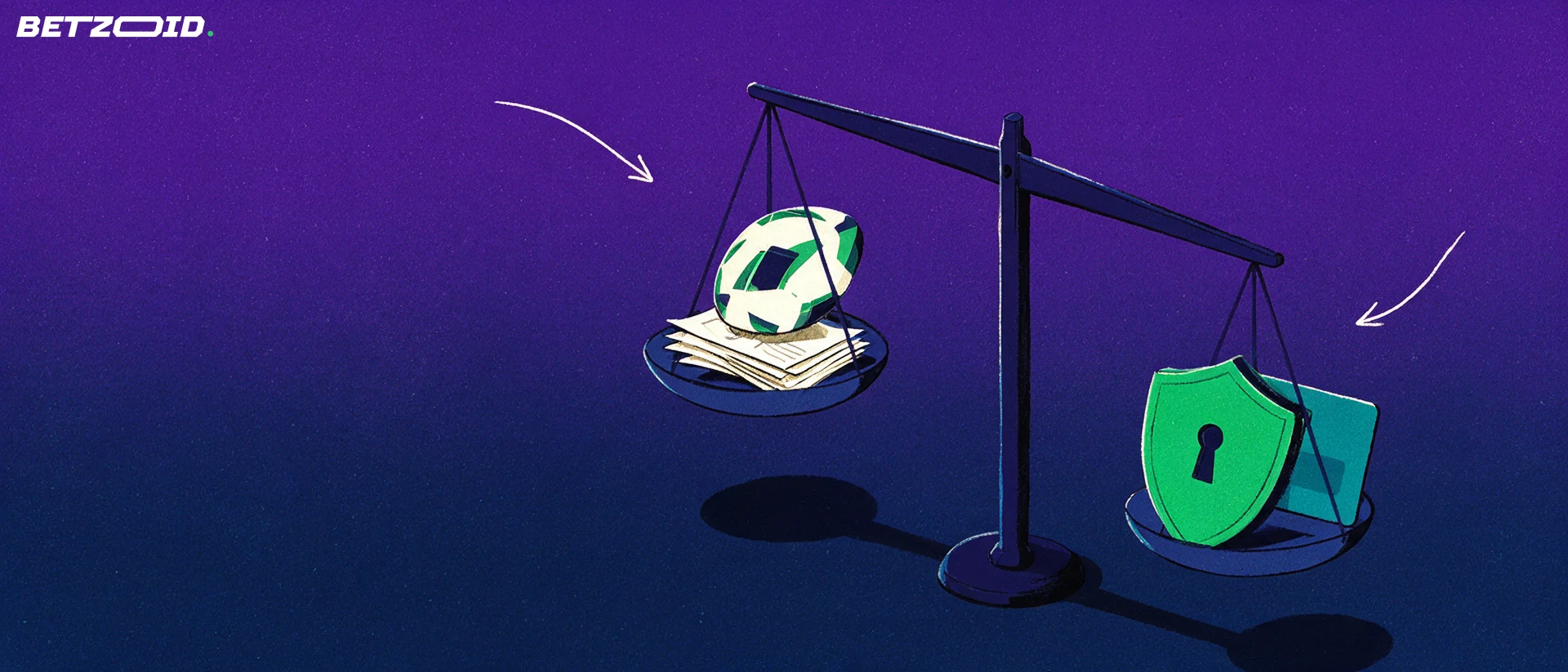 Illustrazione di una bilancia che confronta una pila di schedine con un pallone da una parte e uno scudo con lucchetto e carta di pagamento dall'altra